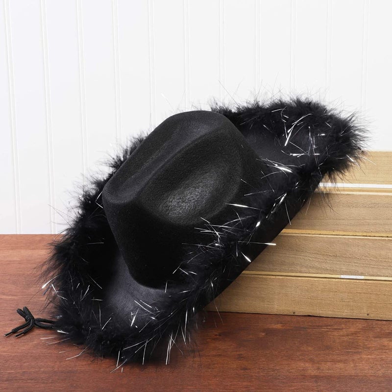 Juvolicious Black Cowgirl Hat - Medium Adjustable - Sparkly Feathered Costume Cowboy Hat for Women & Men - Western Party Accessory - Image 4